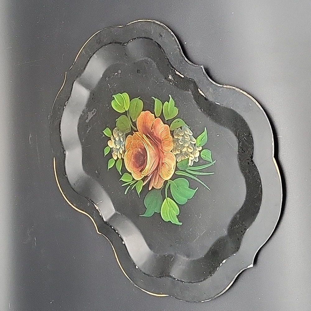 Vintage Antique? Black Metal Toleware Scalloped Tray with Peach Rose